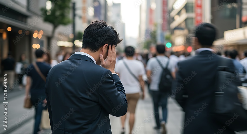 Fototapeta premium Overwhelmed Businessman in Crowded City Street