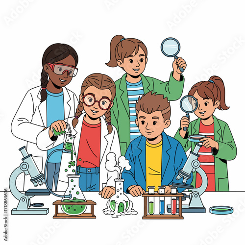 Group of young students in lab coats conducting science experiments with beakers and microscopes.