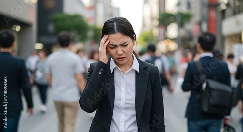 Stressed Professional Woman in Crowded City Street