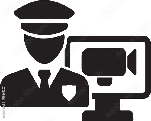 Silhouette security guard with monitor icon. Vector EPS for surveillance, safety, and control.