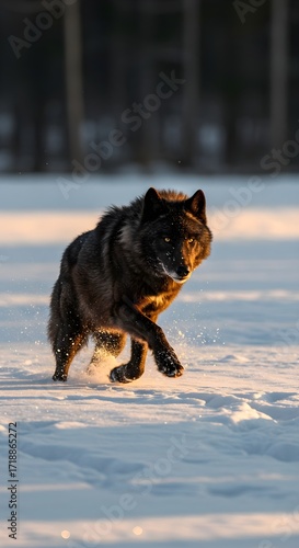 Majestic Black Wolf Running Through Snowy Landscape at Golden Hour, Capturing Wildness and Winter Beauty