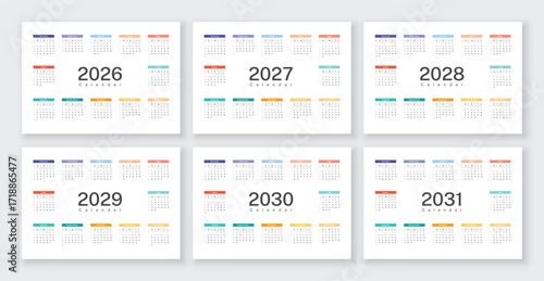 Calendar template set for 2026, 2027, 2028, 2029, 2030 and 2031 years. White background English language. Week starts on Sunday.