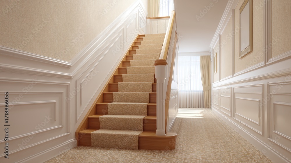 Obraz premium Elegant stairway interior design in a bright, airy home with plush carpet and warm wooden accents, showcasing a serene atmosphere and inviting ambiance