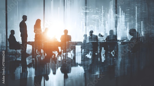 Modern business professionals in a bright contemporary office collaborating near large windows during a sunlit meeting inspiring teamwork and success in a corporate environment
