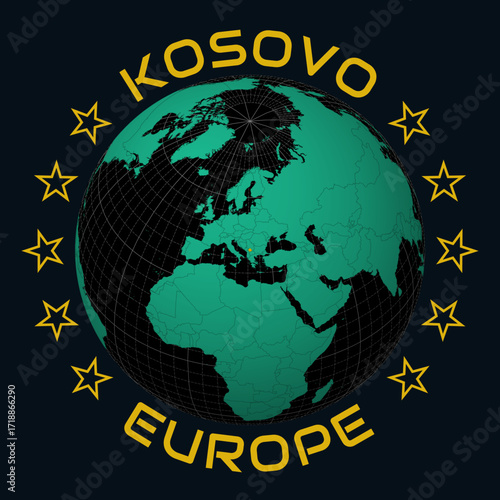 Kosovo on Globe. Round country and continent name text. Country view on world map in Black Emerald color palette. Kosovo shape on map. Alive vector illustration.