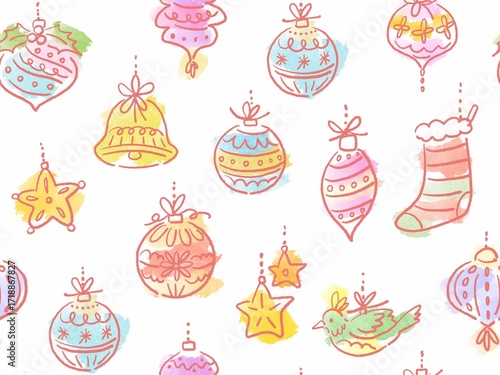 Cute seamless Christmas pattern featuring hand-drawn minimal line art of Christmas ornaments for fabric, gift wrapping, cards. Holiday season wallpapers.