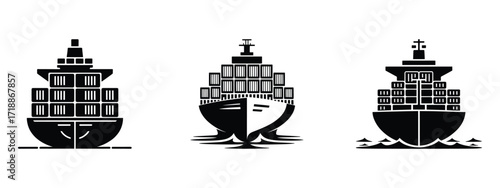 Three different cargo ships show stacked containers in an ocean voyage on a white background