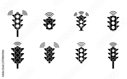 Traffic light icons each transmit wireless signals in various arrangements against a white backdrop