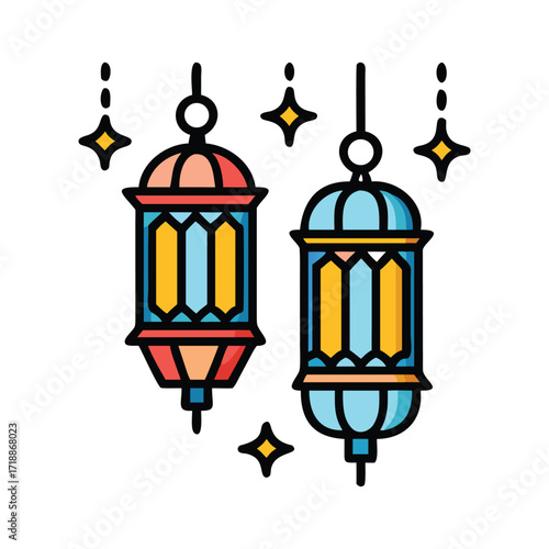 Beautiful prophet's birthday festival lanterns with sparkling stars festive decorations