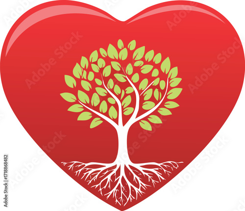 A vibrant green tree with extensive roots nestled within a glossy red heart.