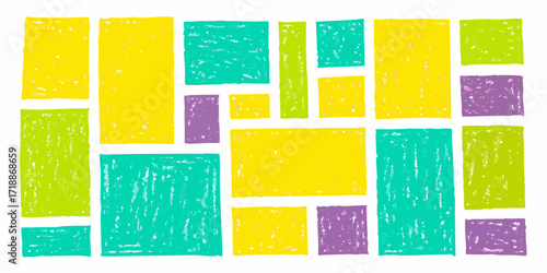 Colorful hand drawn rectangles and squares in yellow green teal and purple on white background