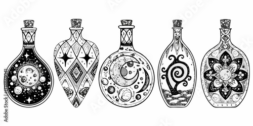Collection of five intricately decorated potion bottles with cork stoppers and unique whimsical designs