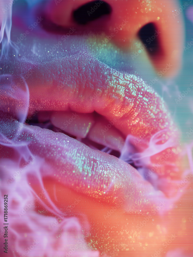 Fototapeta premium Glitching pastel lips surrounded by pixel dust and neon soft smoke create a mesmerizing visual experience highlighting digital beauty and vibrant colors