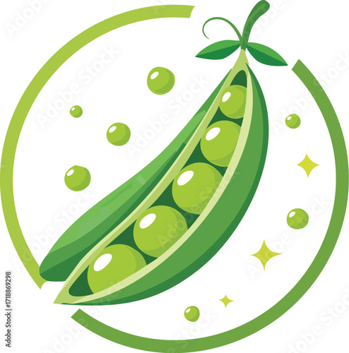 A vibrant illustration of a split pea pod showcasing several bright green peas.
