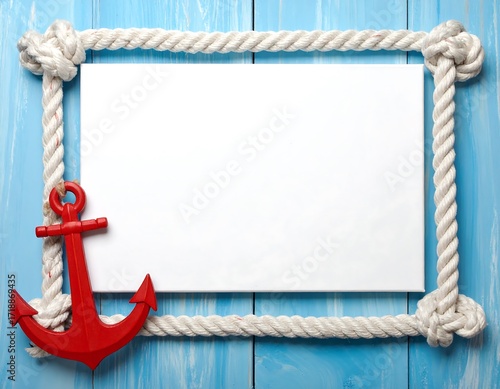 Fototapeta Naklejka Na Ścianę i Meble -  A nautical-themed composition featuring a blank white canvas framed by rope and a red anchor.