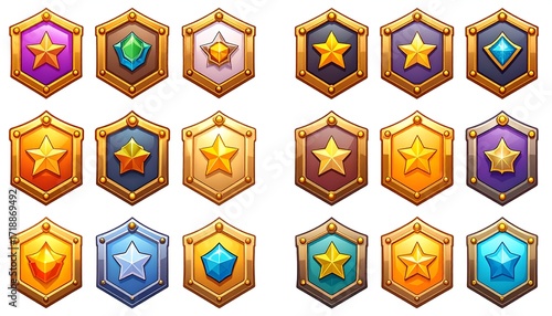 Colorful game shields with stars and gems