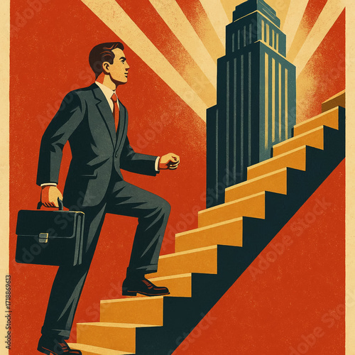 Determined businessman with briefcase climbs stairs to success, envisioning future goals and career aspirations, radiating ambition and drive