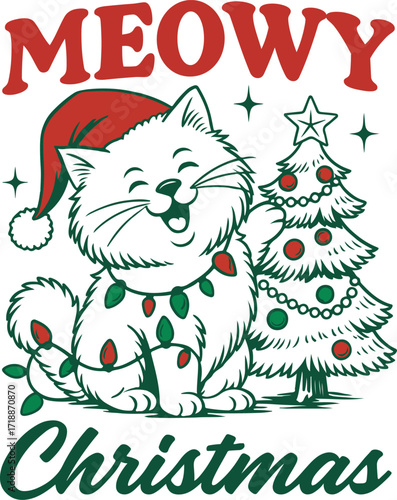 meowy christmas - christian christmas holliday t-shirt, funny retro santa typography, christian festival animals quote tshirt
