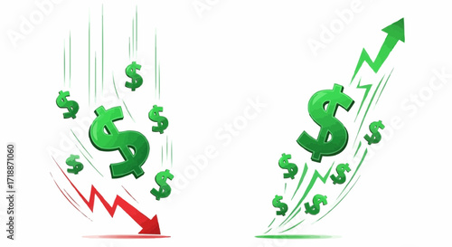 Visualizing Financial Growth and Decline with Dollar Symbols and Arrows Depicting Economic Trends for Business and Investment Concepts