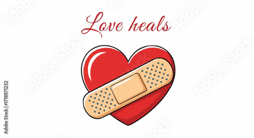 Love heals with a bandaged heart, symbolizing care, recovery, and the power of affection to mend emotional wounds in a charming, heartwarming design