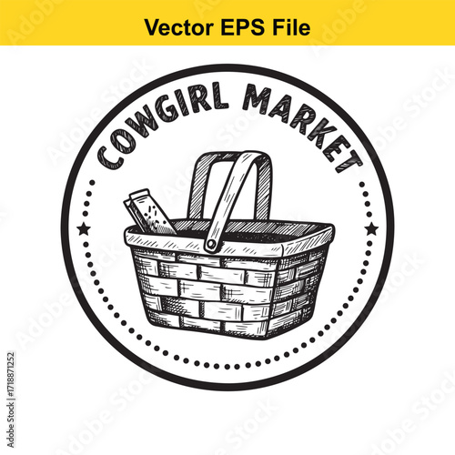Vector art of hand drawn sketch of a cowgirl market basket