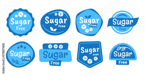 Set of sugar free label set collection with sugar cubes symbol, sugar free icon, sticker, emblem Diabetic diet badge. Diet concept. Healthy eating. Natural and organic foods. No sugar for diabetes.