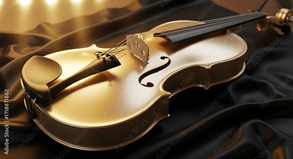 Fototapeta premium A golden violin rests elegantly on a dark, draped fabric, showcasing its intricate details.