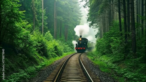 A vintage steam train emerges from a lush green forest, traveling towards the camera on a winding track.