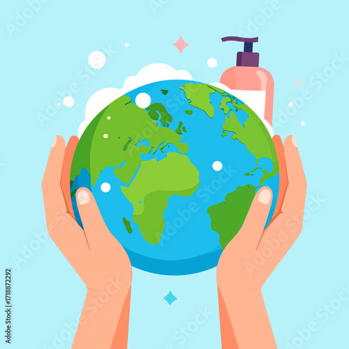 Human hands holding and washing the planet Earth with soap, a minimal flat vector concept for global health and hygiene