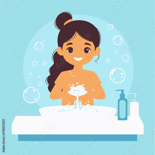Hygienic routine concept featuring a smiling young woman washing her hands. Flat vector illustration with soap foam and bubbles in a minimal, clean design