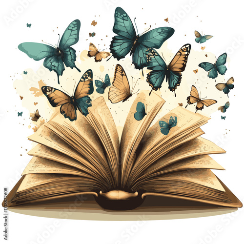 An open book with butterflies coming out of it ideal for fantasy and literature. generative ai , vector style simple color