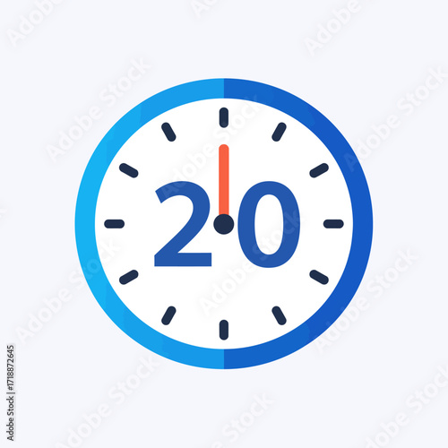 Vector illustration of a 20 minute timer, a flat icon design of a stopwatch with a simple face, clean minimal design, isolated on a white background