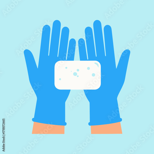 Vector flat illustration of hands wearing blue protective gloves holding a bar of soap for hygiene and cleanliness
