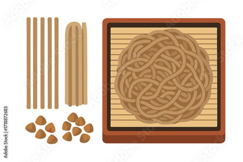Soba noodle set with raw and boiled buckwheat pasta. Japanese food zaru soba in box with grains. Vector illustration of asian cuisine meal isolated on white background.