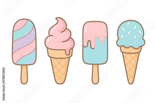 Vector ice cream illustrations isolated on white. Color lollipop pastel pattern with pink blue summer sweets. Child decoration. Ice tasty melted cream, vanilla print concept.