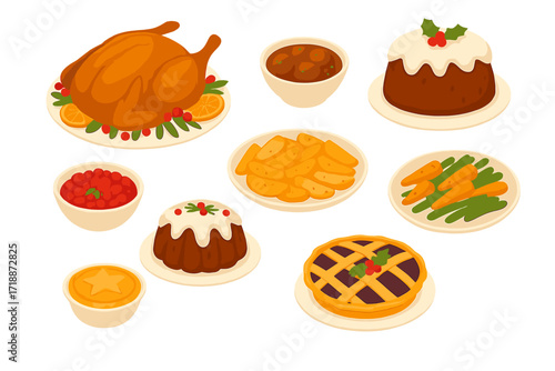 Christmas dinner food set vector illustration. Traditional holiday feast with roast turkey, pudding, pie. Festive winter meal icons isolated on white background. Classic New Year eating.