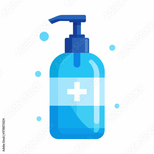 Vector flat illustration of a blue hand sanitizer pump bottle with a white medical cross symbol, isolated on a plain background