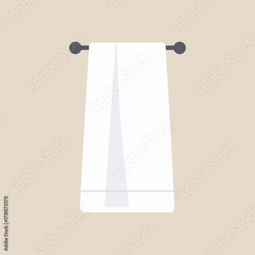 Simple flat vector icon of a fresh white towel hanging on a rack. Clean bathroom textile element illustration isolated on a neutral background
