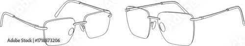 A black and white line drawing of two pairs of modern rimless eyeglasses, showcasing lightweight and minimalist eyewear design for Adobe Stock.