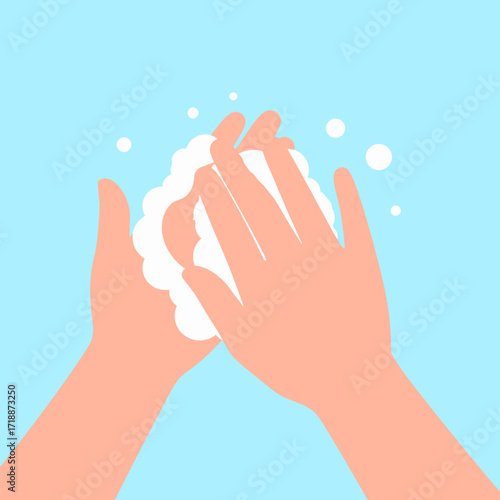 Simple flat vector illustration of a person washing their hands with soap and bubbles. Concept of hygiene, cleanliness, and health