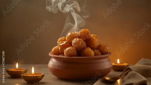Hot Indian sweet dessert served in clay pot with steam and festive candlelight