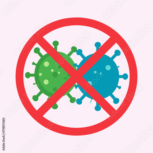 Vector illustration of a red prohibition sign over green and blue cartoon microbes. A symbol for stopping germs, antibacterial protection, and hygiene