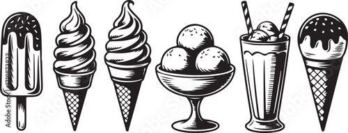 Delicious Ice Cream Assortment Black and White Vector Illustration for Summer Treats and Sweet Indulgence