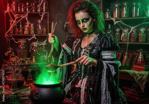 Photo of a captivating witch brews a mystical potion in her dimly lit chamber, surrounded by bubbling cauldrons and shelves of ancient ingredients