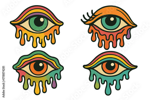 Surreal trippy melting eyes set, psychedelic dripping eye collection, vibrant 70s retro hand-drawn vector illustrations, colorful contour cartoon designs for vintage style art