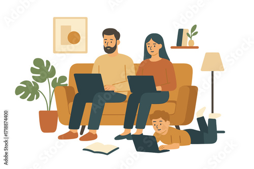 Whole family working remotely on laptops at home, husband and wife on sofa, child studying on floor, modern home interior, remote work lifestyle, gadget use concept