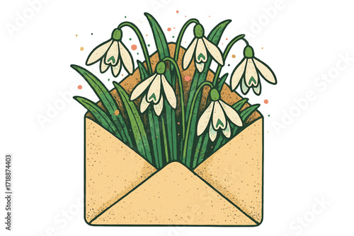 Whimsical spring flowers bouquet in beige envelope with snowdrops and green leaves, vintage mixed media floral collage, halftone texture, nature letter concept