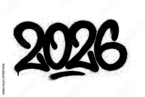 Urban graffiti tag 2026 sprayed black font with overspray effect, grunge street art style, vector cartoon illustration with transparent background, modern tag design for urban culture