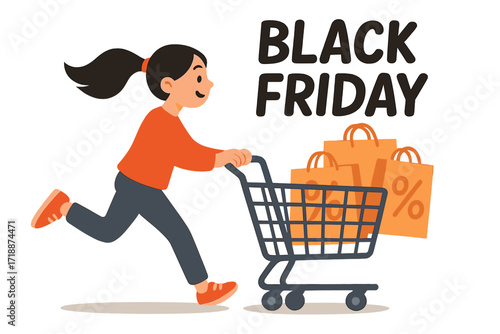Young girl running with grocery cart shopping for Black Friday sale, big discounts, store reopening after quarantine, shopping bags with percent discount signs, flat vector illustration