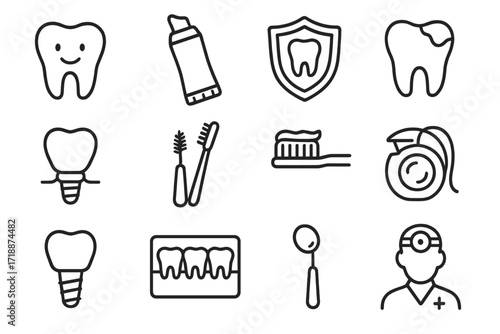 Dental care icon set. Stomatology and orthodontics thin line icons. Vector symbols of teeth, dentist, implant, caries, oral hygiene, toothbrush, floss, x-ray. Editable stroke.